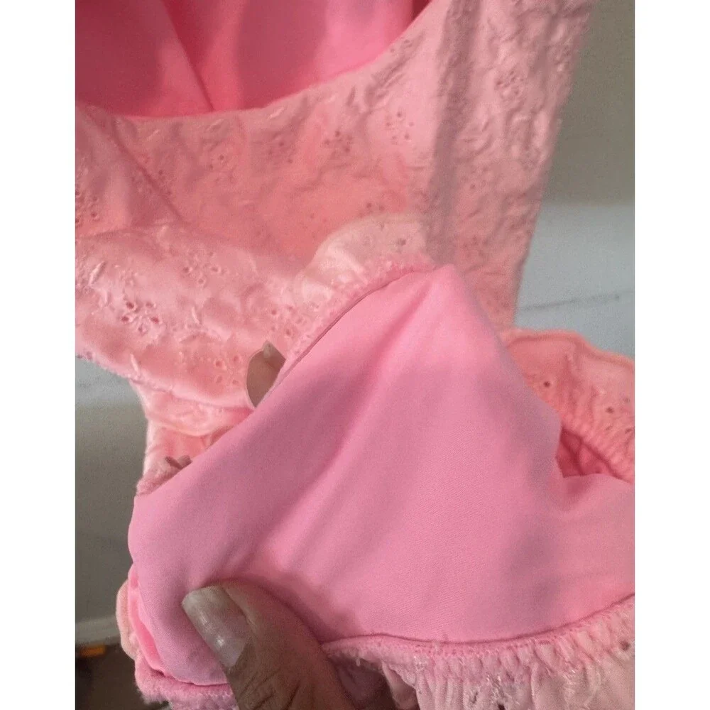 Frankies Bikinis Lucia Eyelet Ruffle Bow One Piece Swimsuit Pink Plus Size 2XL